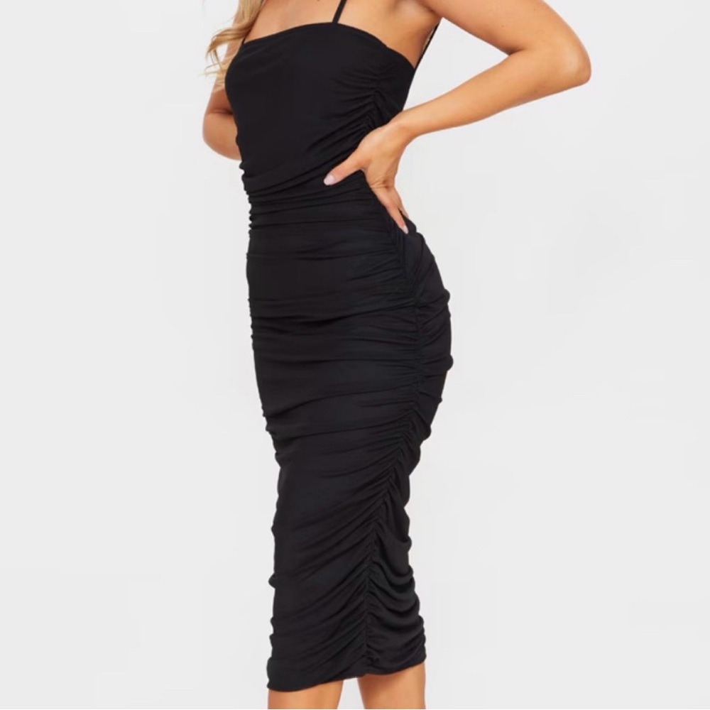 PLT - Elegant Black Ruched Midi Dress